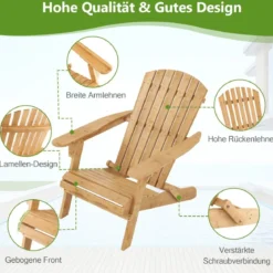 Klappbarer Adirondack-Stuhl aus Bambus mit Hoher Rückenlehne & Breiten Armlehnen 150 kg Tragkraft