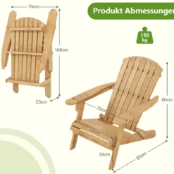 Klappbarer Adirondack-Stuhl aus Bambus mit Hoher Rückenlehne & Breiten Armlehnen 150 kg Tragkraft