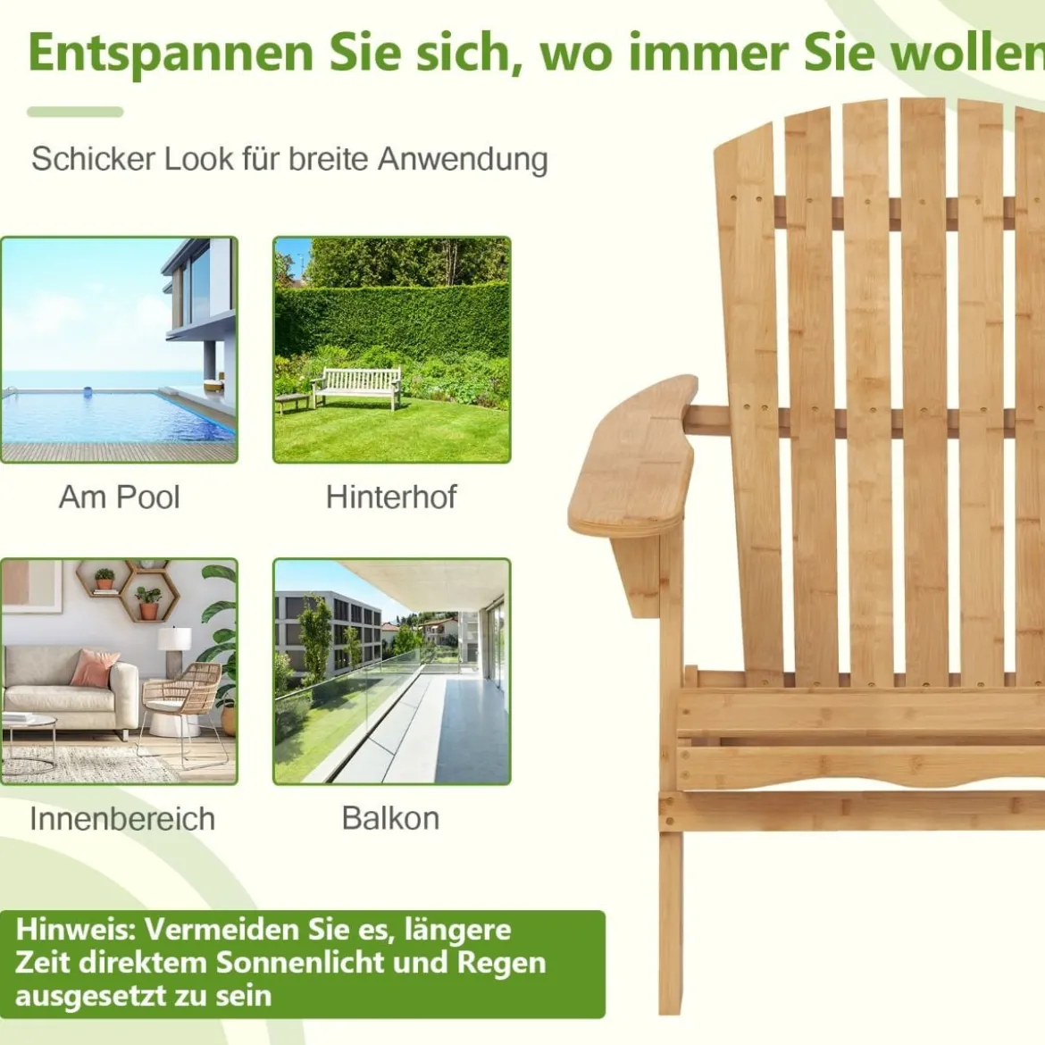Klappbarer Adirondack-Stuhl aus Bambus mit Hoher Rückenlehne & Breiten Armlehnen 150 kg Tragkraft