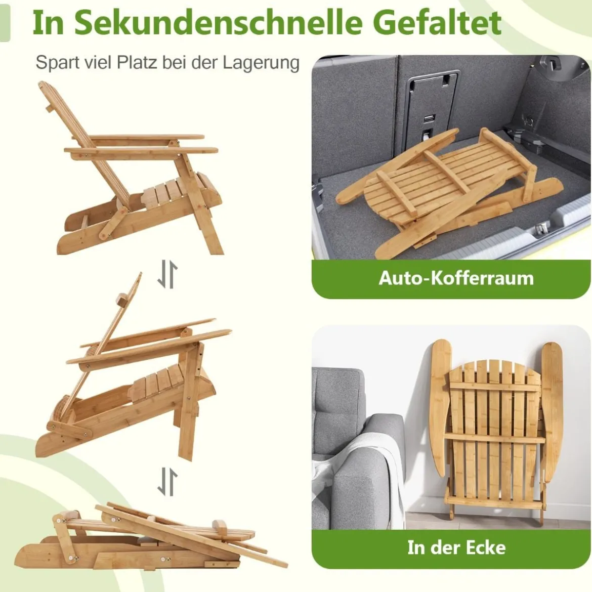 Klappbarer Adirondack-Stuhl aus Bambus mit Hoher Rückenlehne & Breiten Armlehnen 150 kg Tragkraft