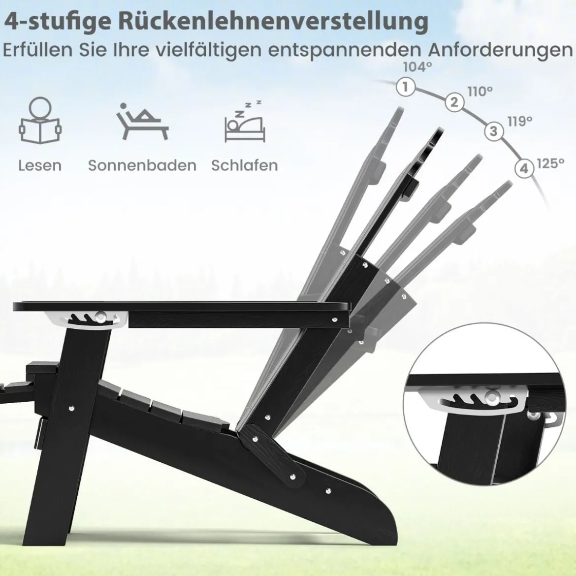 Klappbarer Adirondack Stuhl mit Fußstütze & verstellbarer Rückenlehne Gartensessel mit Getränkehalter Schwarz