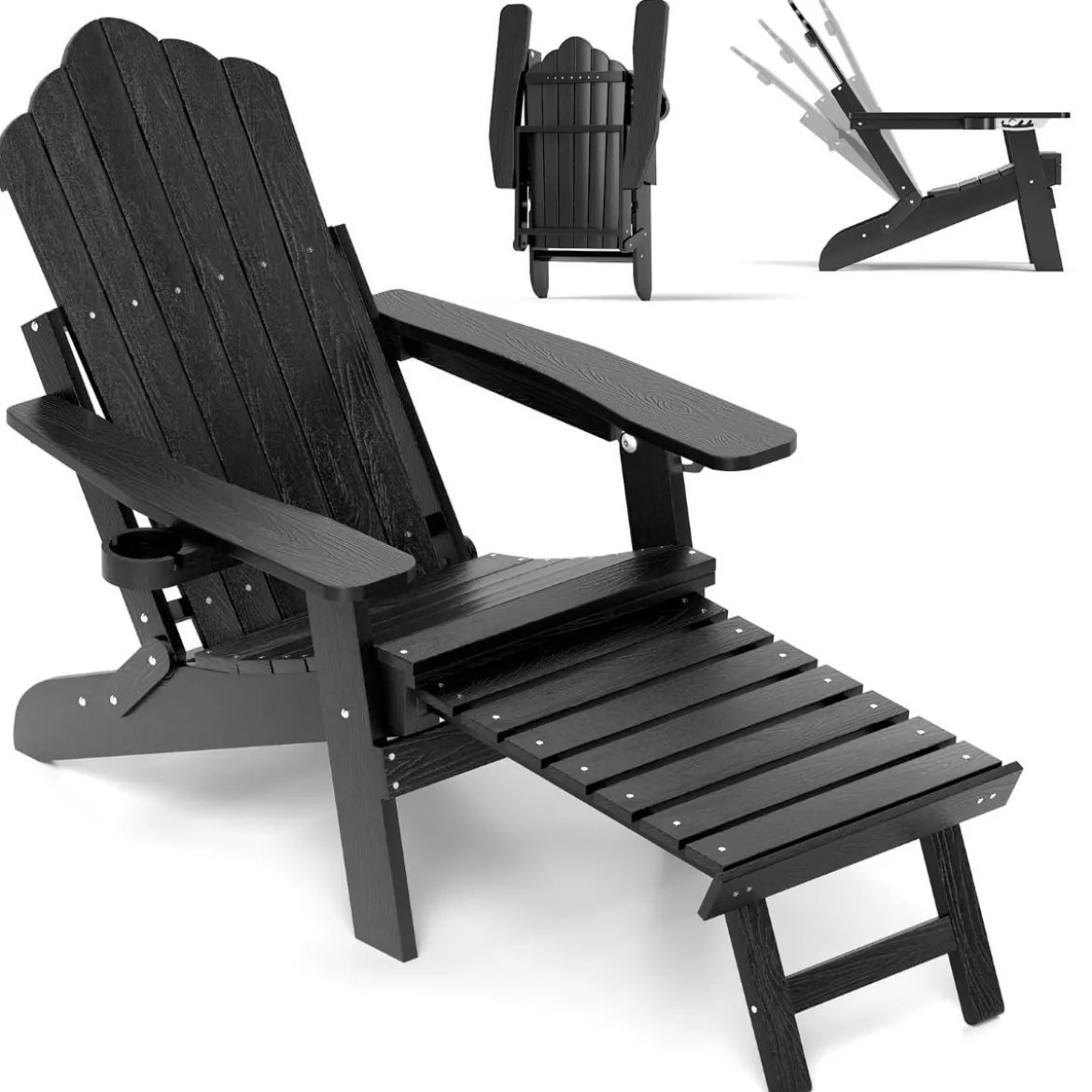 Klappbarer Adirondack Stuhl mit Fußstütze & verstellbarer Rückenlehne Gartensessel mit Getränkehalter Schwarz
