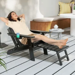 Klappbarer Adirondack Stuhl mit Fußstütze & verstellbarer Rückenlehne Gartensessel mit Getränkehalter Schwarz