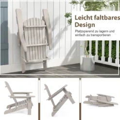 Klappbarer Adirondack Stuhl aus Holz mit 180 kg Tragfähigkeit Gartensessel Braun/Grau