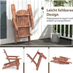 Klappbarer Adirondack Stuhl aus Holz mit 180 kg Tragfähigkeit Gartensessel Braun/Grau