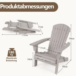 Klappbarer Adirondack Stuhl aus Holz mit 180 kg Tragfähigkeit Gartensessel Braun/Grau