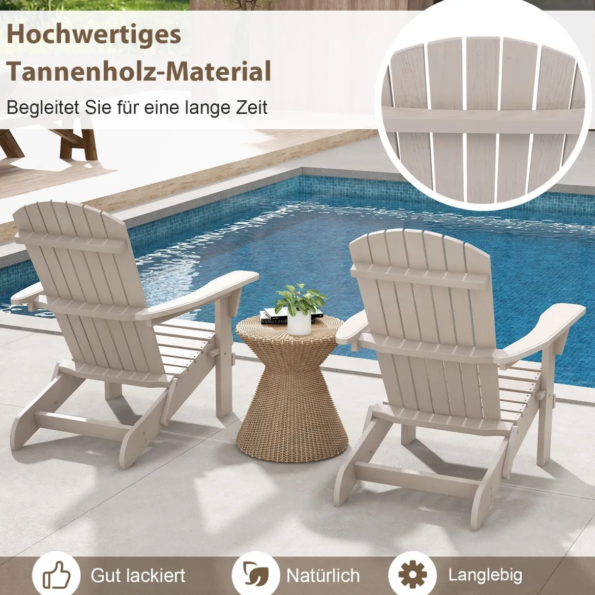 Klappbarer Adirondack Stuhl aus Holz mit 180 kg Tragfähigkeit Gartensessel Braun/Grau