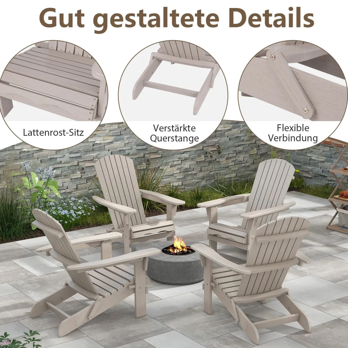 Klappbarer Adirondack Stuhl aus Holz mit 180 kg Tragfähigkeit Gartensessel Braun/Grau