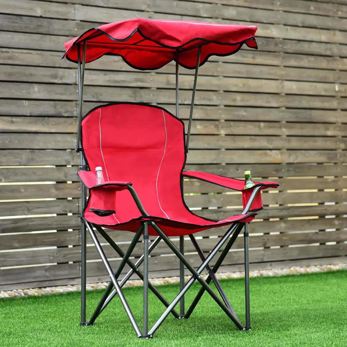 Klappbarer Angelstuhl mit Getränkehalter für Terrasse Strand Camping 96,5 x 67,5 x 130 cm Rot
