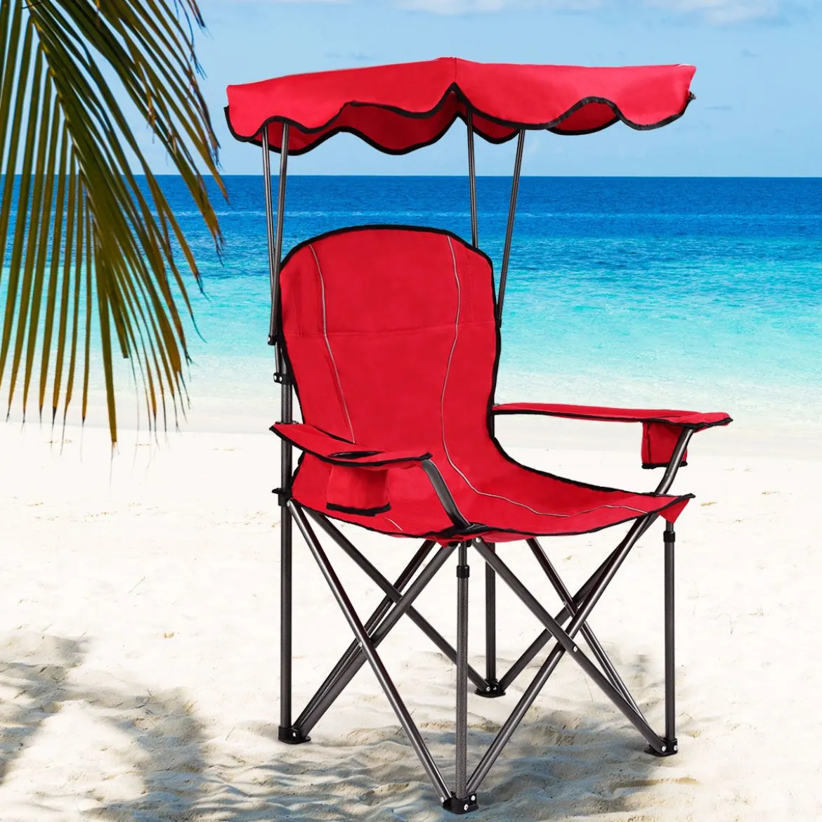 Klappbarer Angelstuhl mit Getränkehalter für Terrasse Strand Camping 96,5 x 67,5 x 130 cm Rot