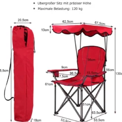 Klappbarer Angelstuhl mit Getränkehalter für Terrasse Strand Camping 96,5 x 67,5 x 130 cm Rot