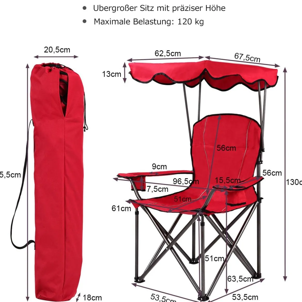 Klappbarer Angelstuhl mit Getränkehalter für Terrasse Strand Camping 96,5 x 67,5 x 130 cm Rot
