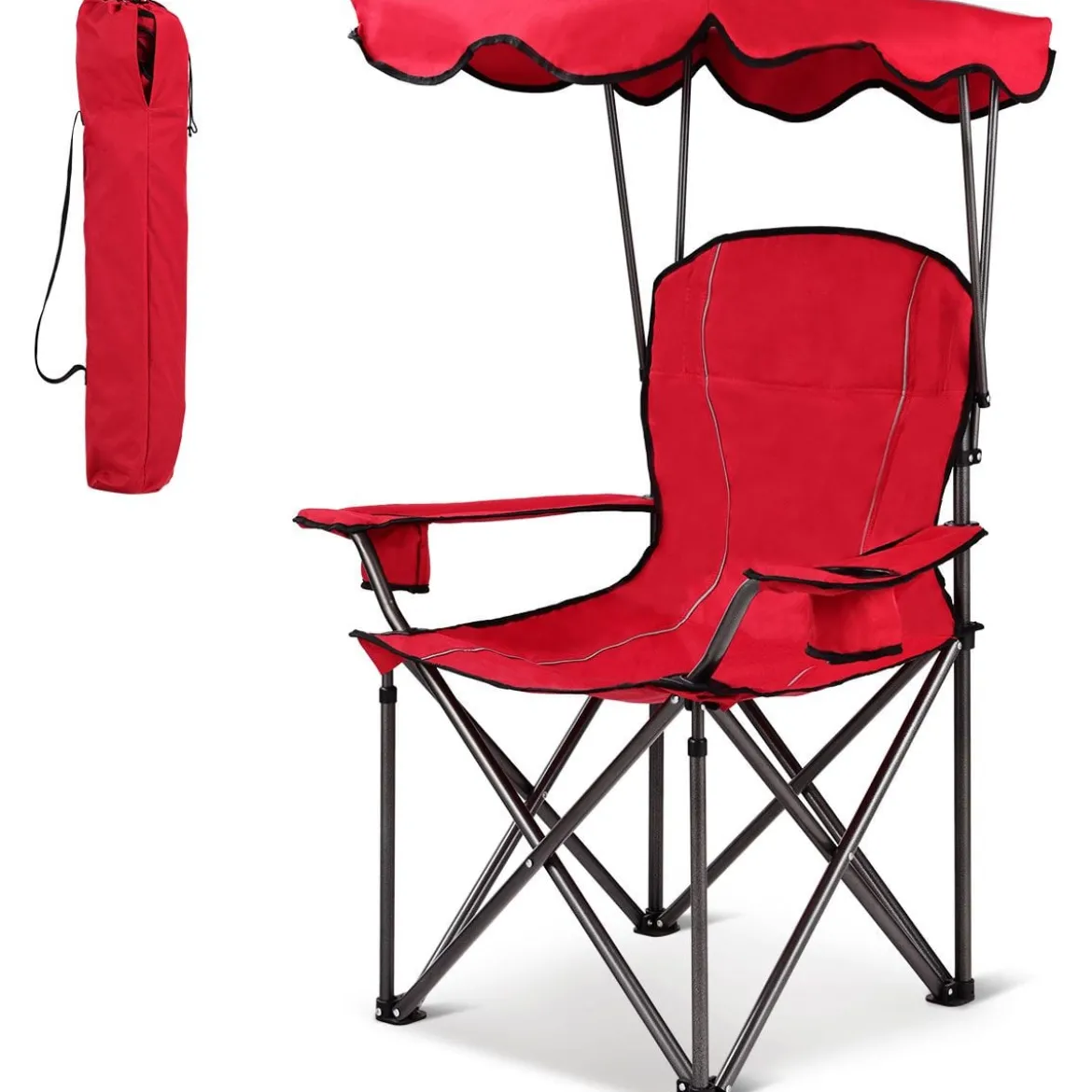 Klappbarer Angelstuhl mit Getränkehalter für Terrasse Strand Camping 96,5 x 67,5 x 130 cm Rot
