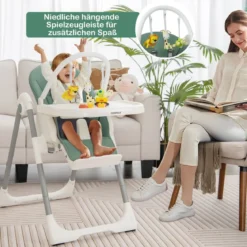 Klappbarer Babyhochstuhl mit Liegefunktion & Spielbügel & 4 Liegewinkeln & 7 Höhen Grün