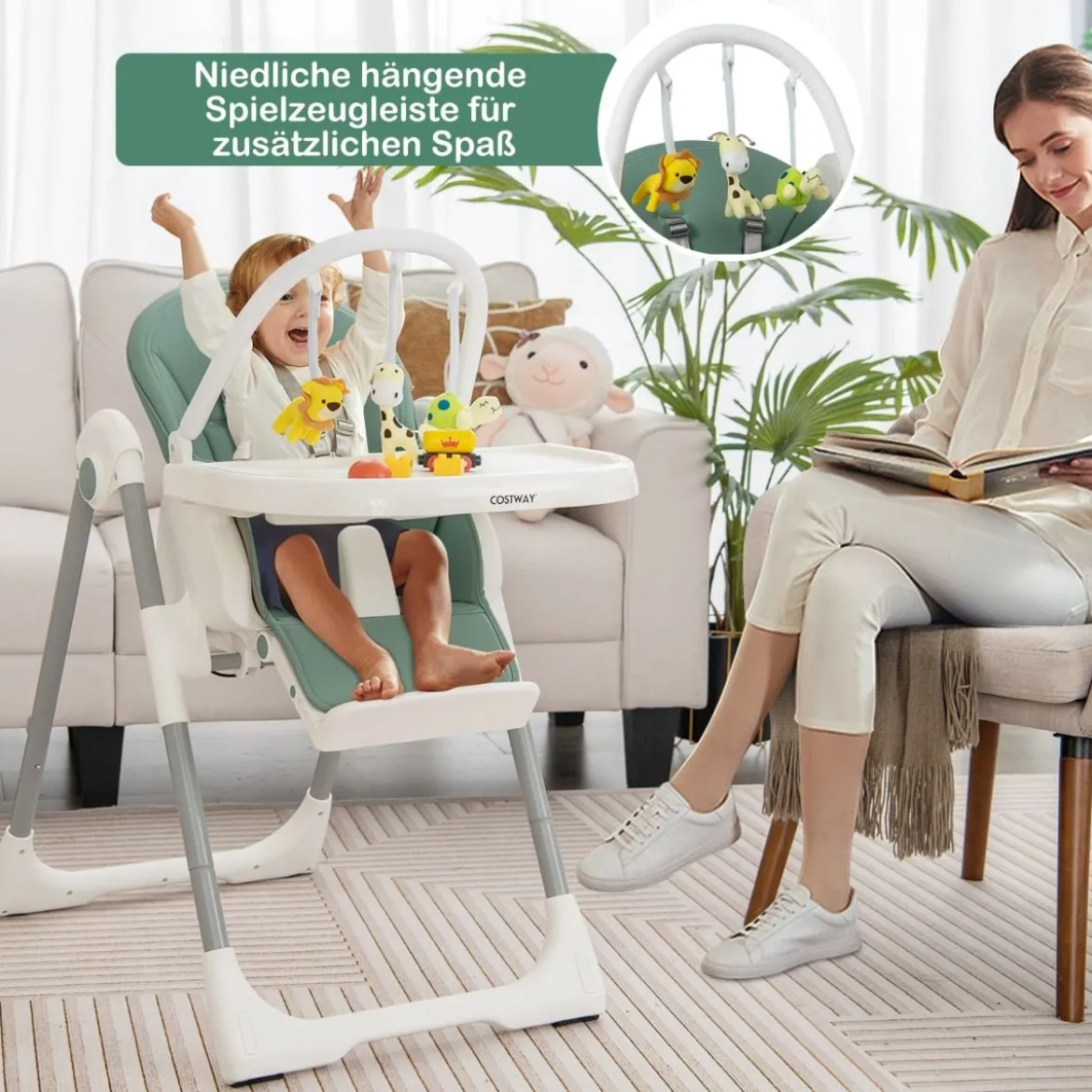 Klappbarer Babyhochstuhl mit Liegefunktion & Spielbügel & 4 Liegewinkeln & 7 Höhen Grün