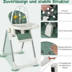 Klappbarer Babyhochstuhl mit Liegefunktion & Spielbügel & 4 Liegewinkeln & 7 Höhen Grün