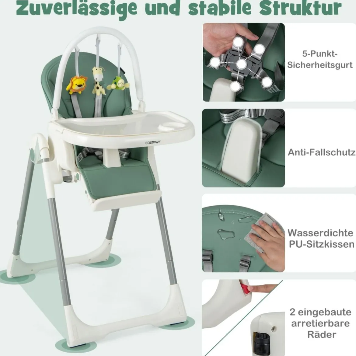 Klappbarer Babyhochstuhl mit Liegefunktion & Spielbügel & 4 Liegewinkeln & 7 Höhen Grün