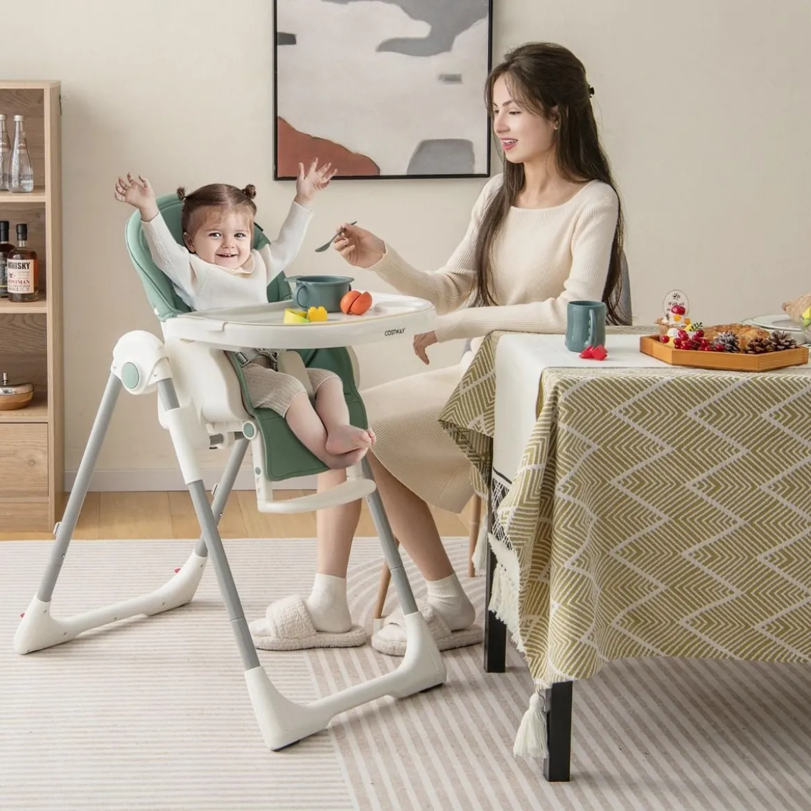 Klappbarer Babyhochstuhl mit Liegefunktion & Spielbügel & 4 Liegewinkeln & 7 Höhen Grün