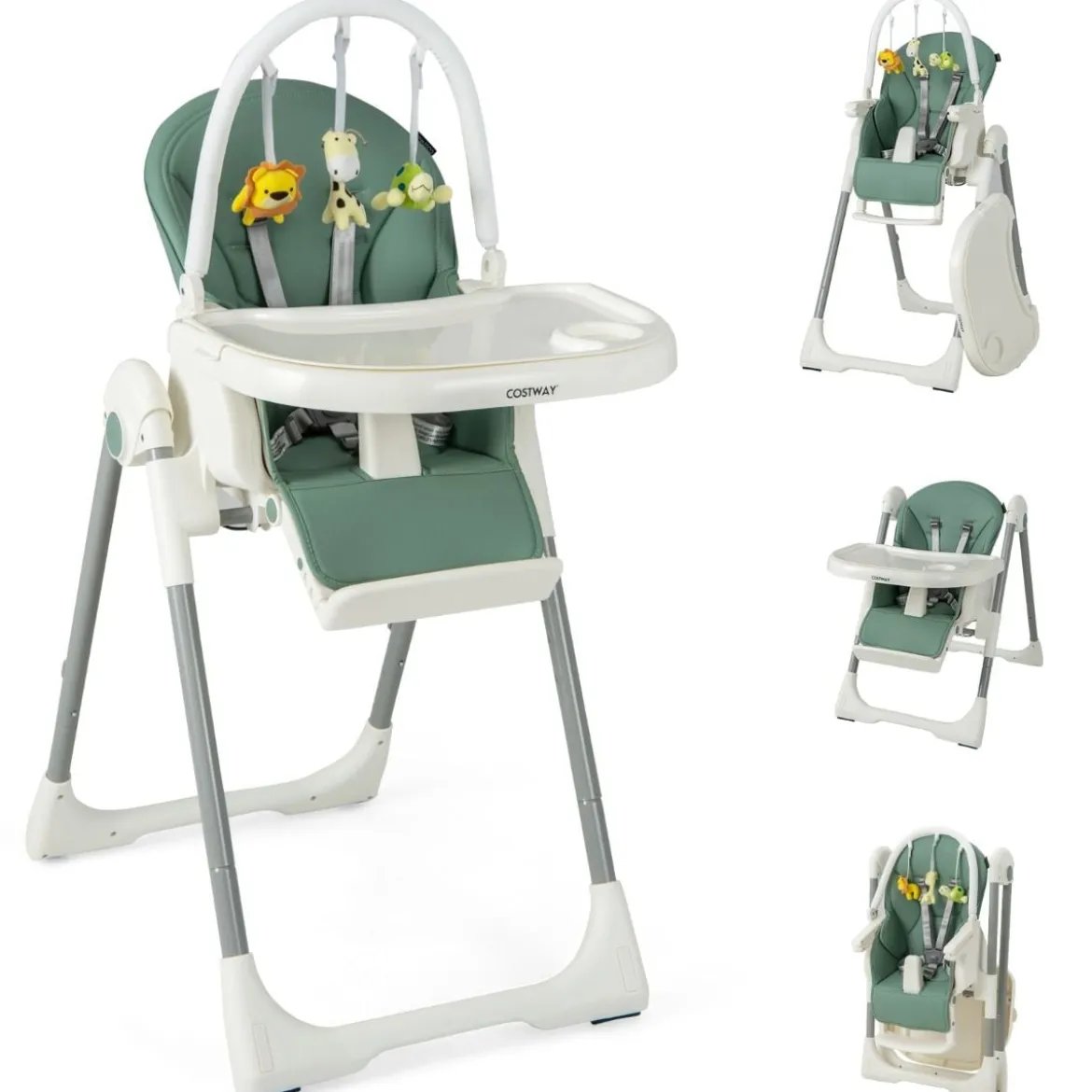 Klappbarer Babyhochstuhl mit Liegefunktion & Spielbügel & 4 Liegewinkeln & 7 Höhen Grün
