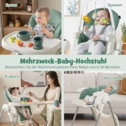 Klappbarer Babyhochstuhl mit Liegefunktion & Spielbügel & 4 Liegewinkeln & 7 Höhen Grün