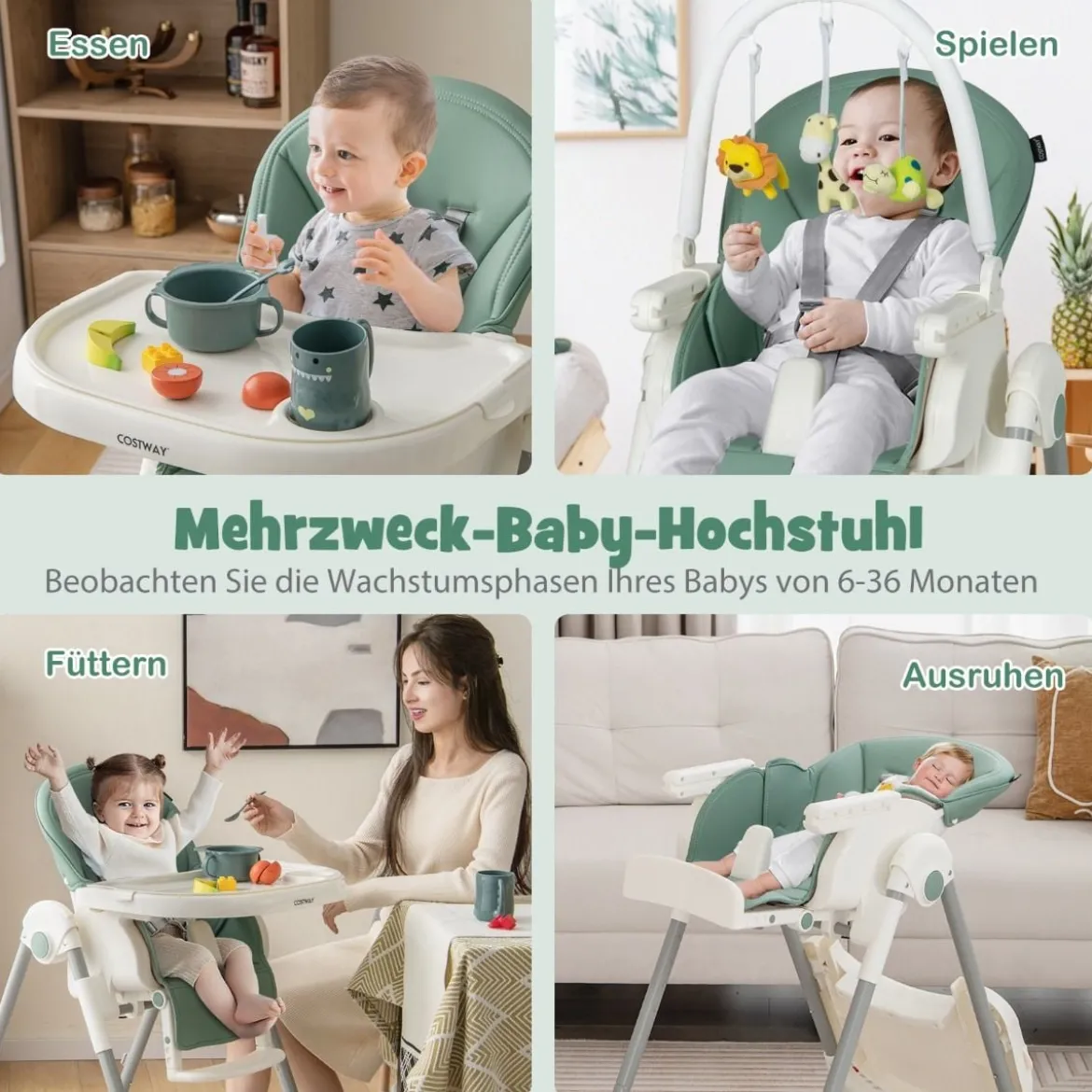 Klappbarer Babyhochstuhl mit Liegefunktion & Spielbügel & 4 Liegewinkeln & 7 Höhen Grün