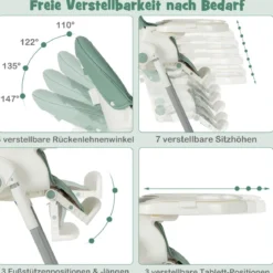 Klappbarer Babyhochstuhl mit Liegefunktion & Spielbügel & 4 Liegewinkeln & 7 Höhen Grün