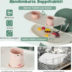 Klappbarer Babyhochstuhl mit Liegefunktion & Spielbügel & 4 Liegewinkeln & 7 Höhen Grün