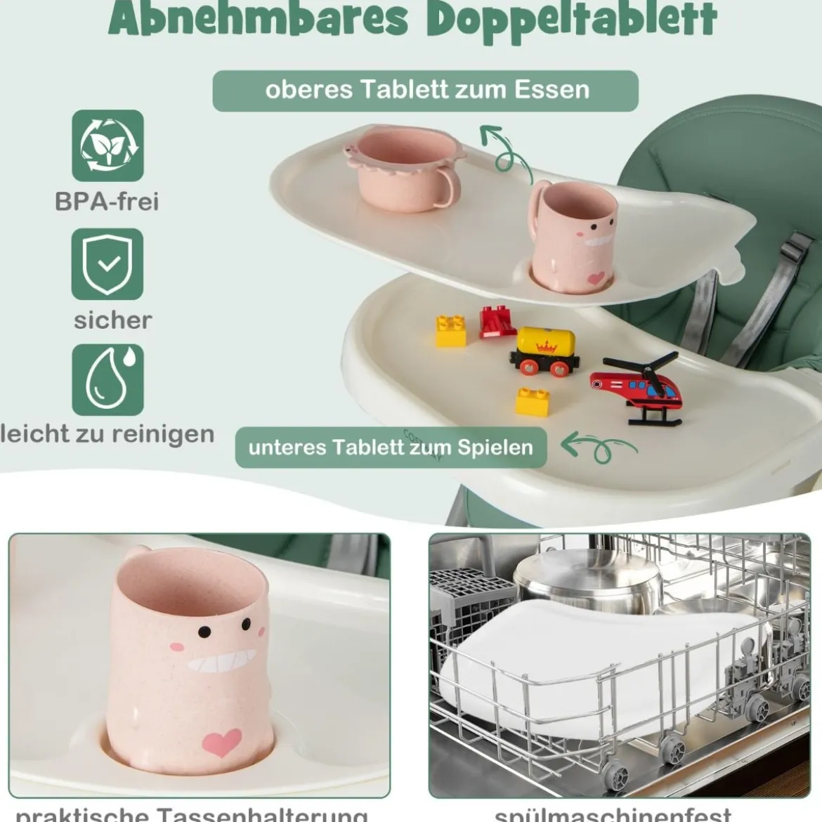 Klappbarer Babyhochstuhl mit Liegefunktion & Spielbügel & 4 Liegewinkeln & 7 Höhen Grün
