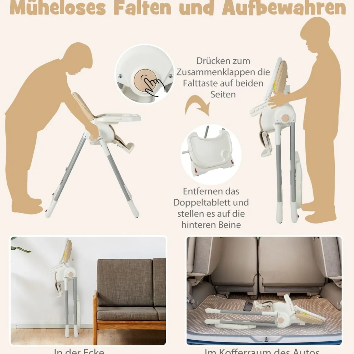 Klappbarer Babyhochstuhl mit Liegefunktion & Spielbügel & 4 Liegewinkeln & 7 Höhen Gelb