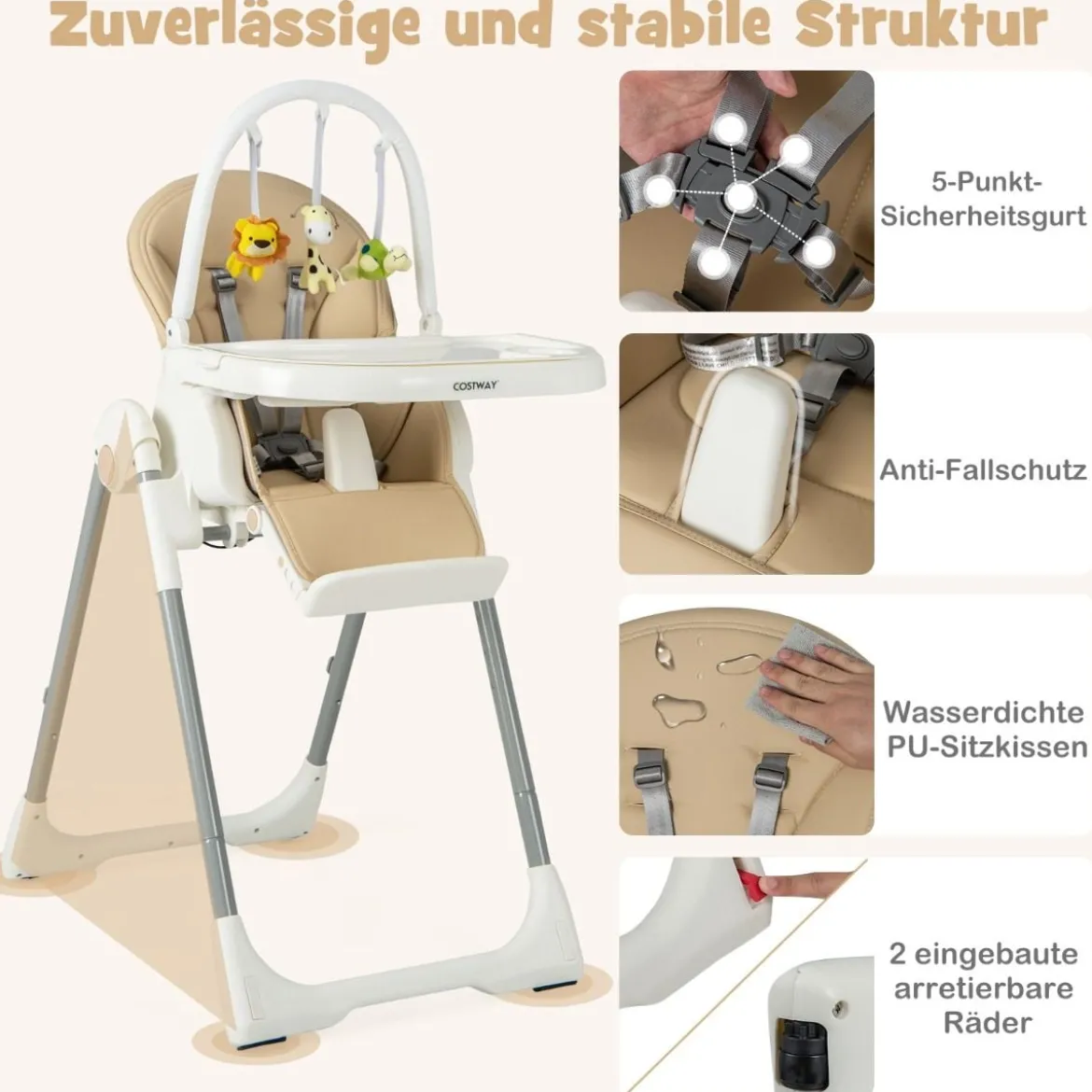 Klappbarer Babyhochstuhl mit Liegefunktion & Spielbügel & 4 Liegewinkeln & 7 Höhen Gelb