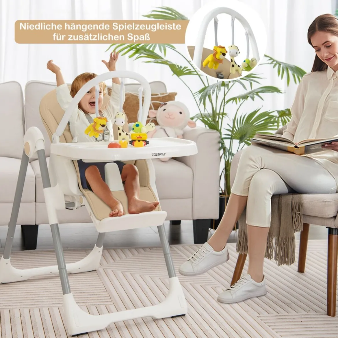 Klappbarer Babyhochstuhl mit Liegefunktion & Spielbügel & 4 Liegewinkeln & 7 Höhen Gelb