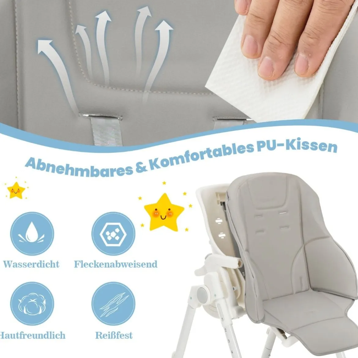 Klappbarer Babyhochstuhl mit 6 Höhen & Abnehmbarem Tablett & PU-Kissen Grau