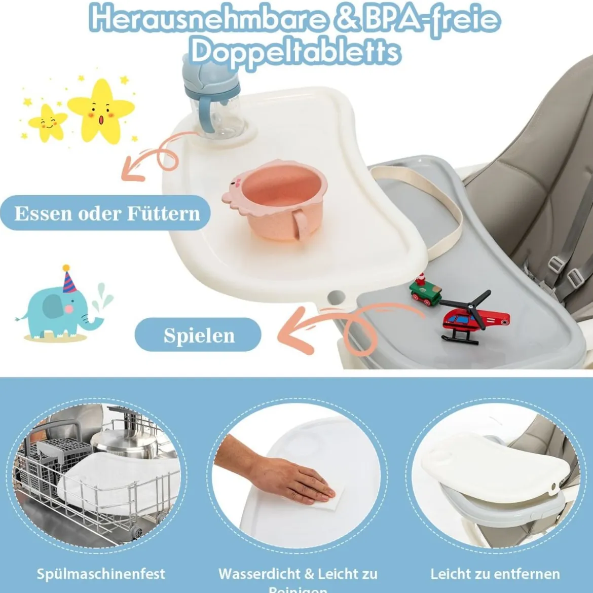 Klappbarer Babyhochstuhl mit 6 Höhen & Abnehmbarem Tablett & PU-Kissen Grau