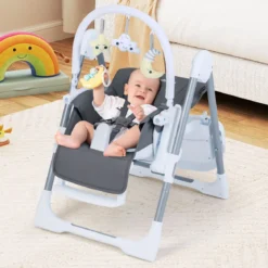 Klappbarer Baby Hochstuhl mit Liegefunktion & Verstellbarer Rückenlehne Babystuhl Dunkelgrau