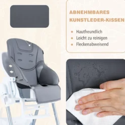 Klappbarer Baby Hochstuhl mit Liegefunktion & Verstellbarer Rückenlehne Babystuhl Dunkelgrau