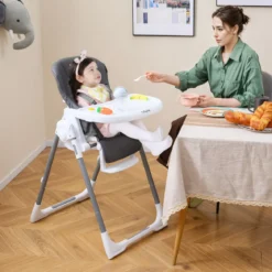 Klappbarer Baby Hochstuhl mit Liegefunktion & Verstellbarer Rückenlehne Babystuhl Dunkelgrau