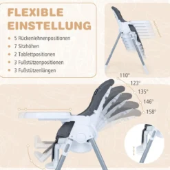 Klappbarer Baby Hochstuhl mit Liegefunktion & Verstellbarer Rückenlehne Babystuhl Dunkelgrau