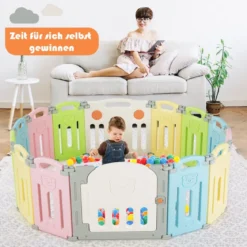 Klappbarer Baby Laufstall mit 14 Paneelen Laufgitter mit Tür & Spielzeugboard Spielzaun Bunt
