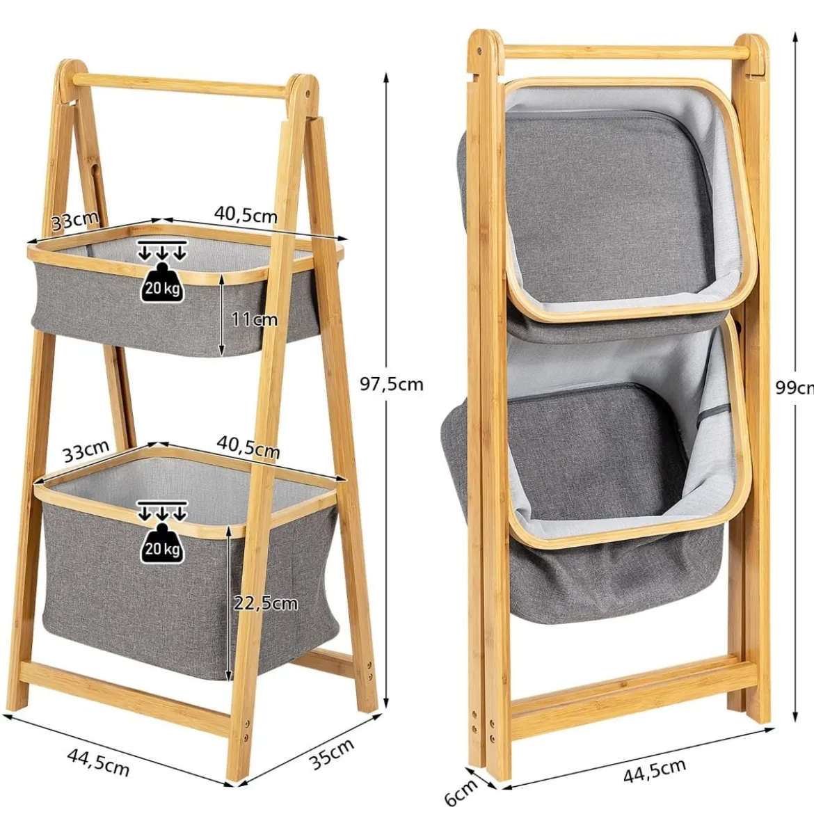 Klappbarer Badregal aus Bamus mit Aufbewahrungskorb & Handtuchhalter Standregal