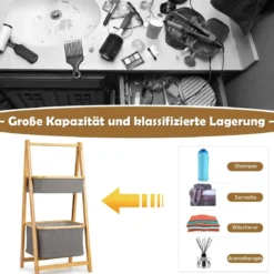 Klappbarer Badregal aus Bamus mit Aufbewahrungskorb & Handtuchhalter Standregal