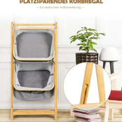 Klappbarer Badregal aus Bamus mit Aufbewahrungskorb & Handtuchhalter Standregal