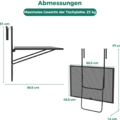 Klappbarer Balkontisch Rechteckiger Hängetisch zum Einhängen Metall Klapptisch Schwarz