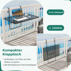 Klappbarer Balkontisch Rechteckiger Hängetisch zum Einhängen Metall Klapptisch Schwarz