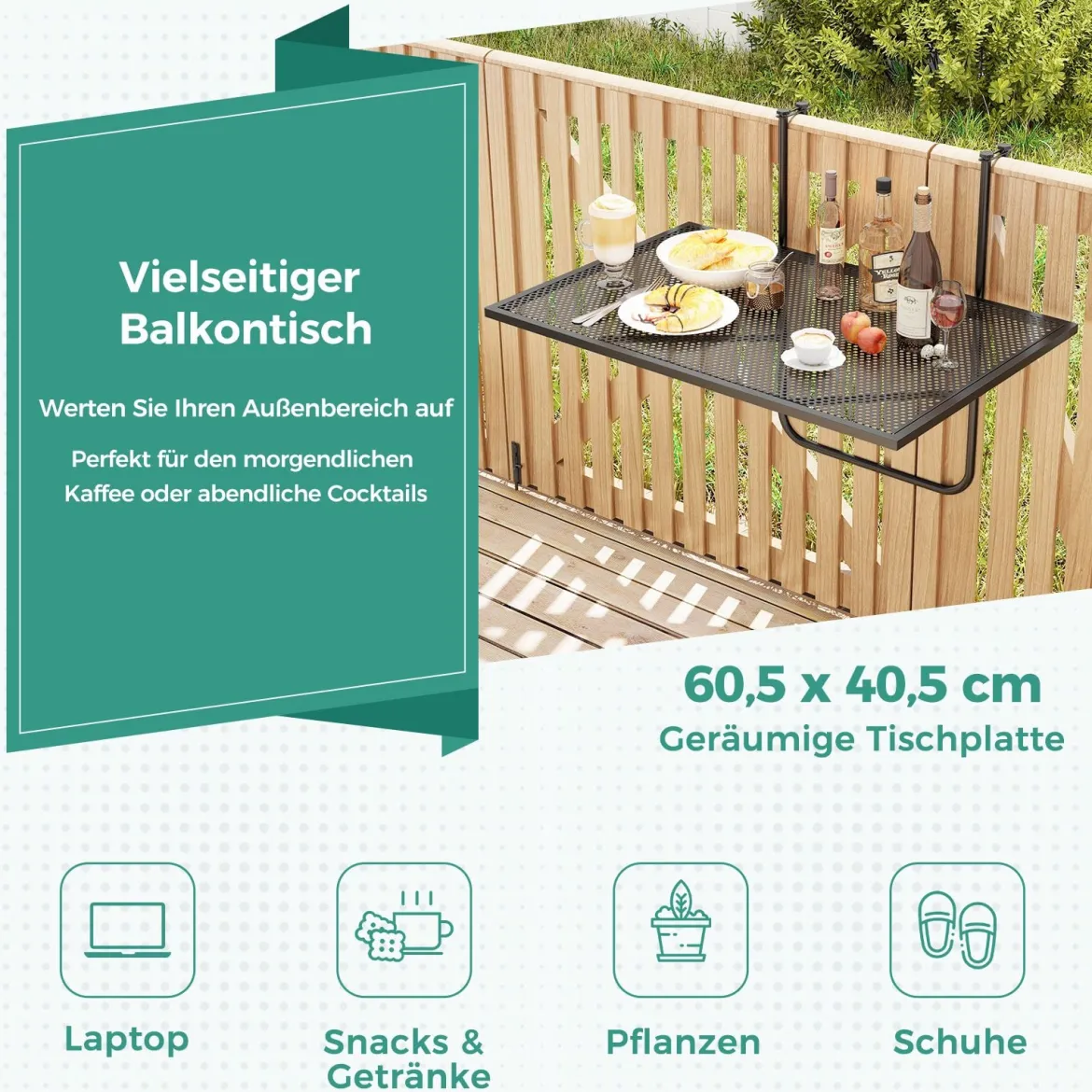 Klappbarer Balkontisch Rechteckiger Hängetisch zum Einhängen Metall Klapptisch Schwarz
