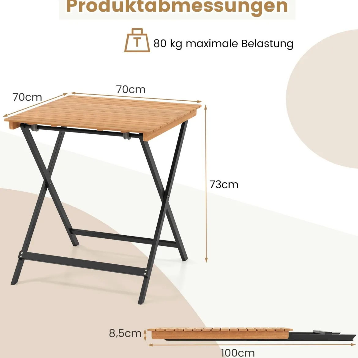 Klappbarer Beistelltisch aus Akazienholz Wetterfester Balkontisch Quadratischer Esstisch 70 x 70 x 73 cm