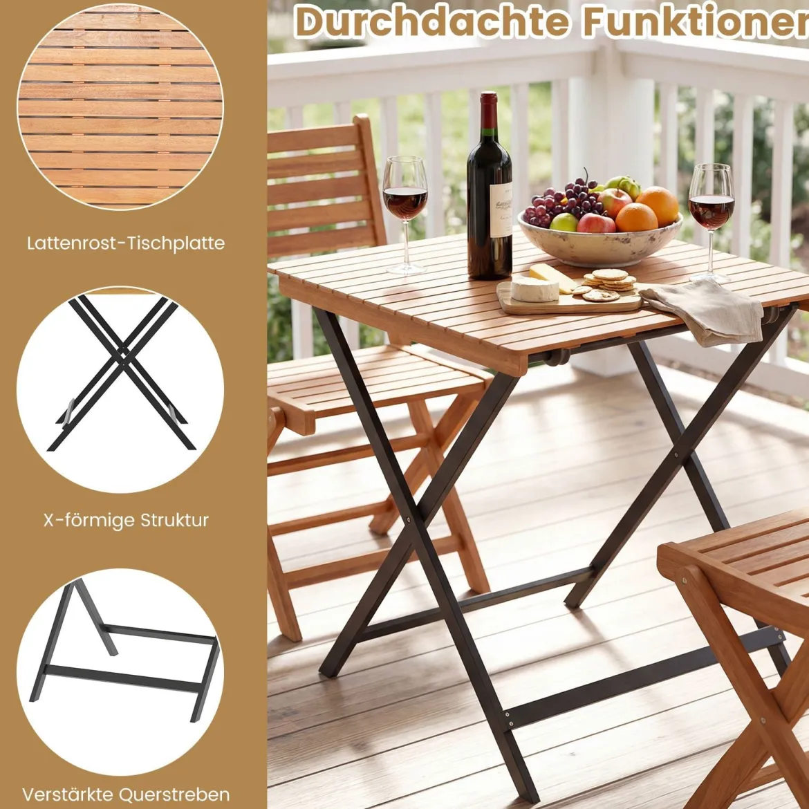 Klappbarer Beistelltisch aus Akazienholz Wetterfester Balkontisch Quadratischer Esstisch 70 x 70 x 73 cm
