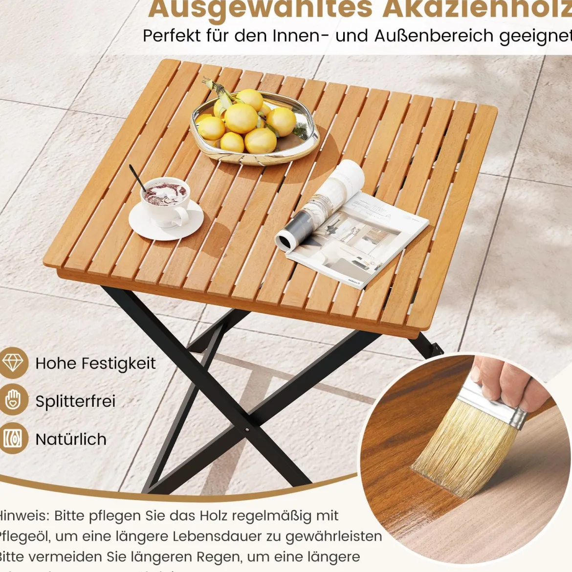 Klappbarer Beistelltisch aus Akazienholz Wetterfester Balkontisch Quadratischer Esstisch 70 x 70 x 73 cm