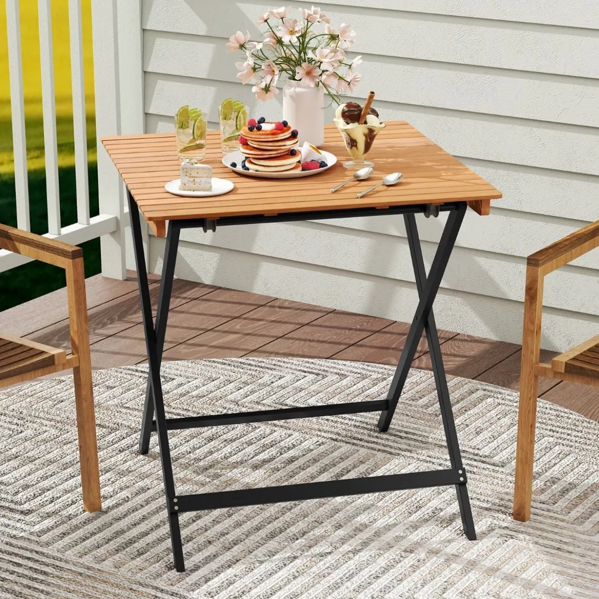 Klappbarer Beistelltisch aus Akazienholz Wetterfester Balkontisch Quadratischer Esstisch 70 x 70 x 73 cm