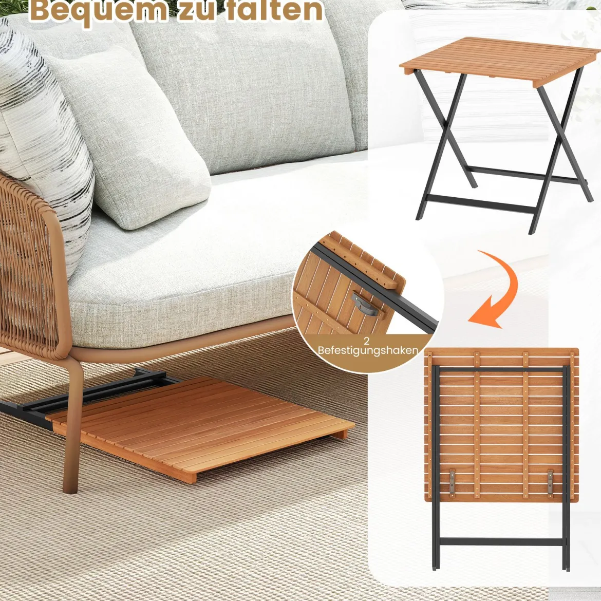 Klappbarer Beistelltisch aus Akazienholz Wetterfester Balkontisch Quadratischer Esstisch 70 x 70 x 73 cm
