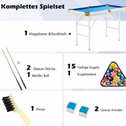 Klappbarer Billardtisch mit 2 Queues & 2 Kreiden & Dreieck & Bürste Billiard Tisch mit Zubehörset Blau